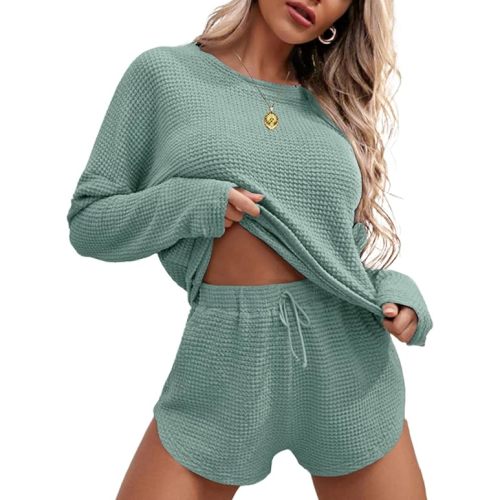 Ekouaer Womens Waffle Knit Pajama Sets Long Sleeve Top and Shorts Matching Lounge Set Sleepwear with Pockets