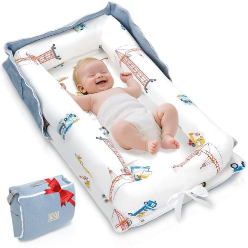 Baby Lounger for Newborn to Toddler 0-24 Months - Portable Infant Lounger Bed with Breathable Cotton, Adjustable Size & Lengthen Space Travel Strap for Home, Outdoor (4.Car)