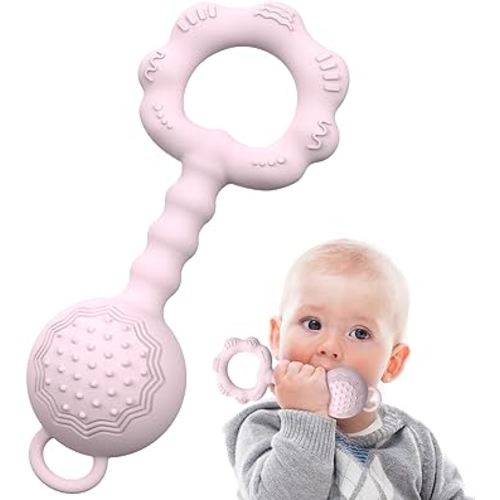 Teething Toys for Babies 6-12 Months, Baby Rattles 0-6 Months, 2-in-1 Rattle and Teether Toy for Soothing Sore Gums and Keeps Little Ones Entertained, Food Grade Silicone, Pink