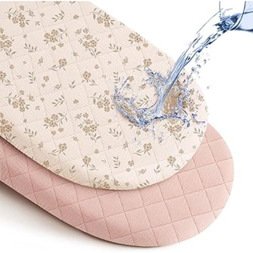 Konssy Waterproof Muslin Bassinet Sheets 2 Pack, Quilted Bassinet Mattress Protector & Sheets for Girls Boys Fit for Baby Bassinets, Cradle, Moses Basket Oval Rectangle Pad/Mattress (Blossom,Pink)