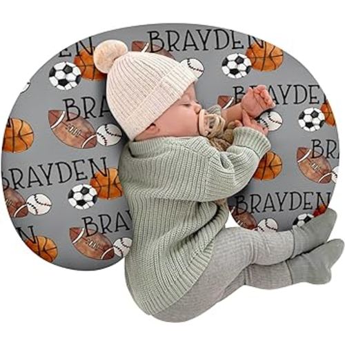 Baby Nursing Pillow Cover - Personalized Name Multi-Ball Theme Breastfeeding U-Shaped for Bottle Feeding, Ultra Soft Comfortable Breastfeeding Pillow Cover for Infant Baby Boys and Girls