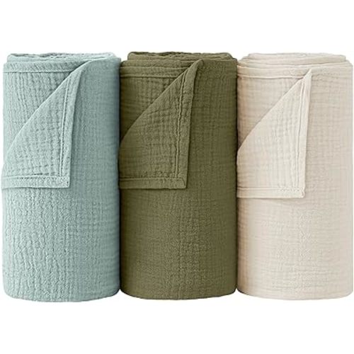 Bearmoss Muslin Swaddle Blankets, 40 x 38 inches Baby Swaddle for Boys and Girls, Soft Baby Blanket, 3 Pack Breathable Nursery Receiving Blankets (Grey Green)