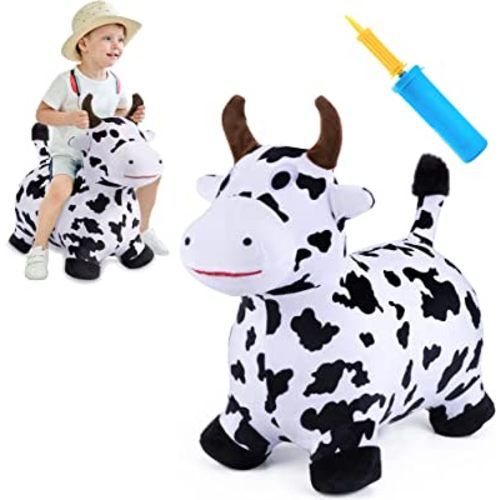 iPlay, iLearn Bouncy Pals Hopping Cow Horse, Toddler Girl Boy Inflatable Bouncing Animal Hopper Toy, Outdoor Indoor Plush Ride on Bouncer, Baby Birthday Gift 18 Month 2 3 4 Year Old Kid - Cow