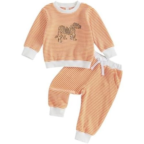 Toddler Baby Boy Girl Outfit Waffle Football Animal Embroidery Striped Sweatshirt Jogger Pants Set 6 12 18 24M 3T 4T