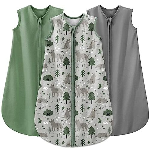 Yoofoss Baby Sleep Sack 6-12 Months Baby Wearable Blanket 100% Cotton 2-Way Zipper Toddler Sleeping Sack, 3 Pack Soft Lightweight Sleep Sacks for Babies - Green&fox&gray - Medium