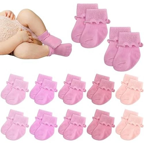 Toulite 12 Pairs Preemie Socks Girls and Boys Premature Ruffle Turn Cuff Cotton Socks Hospital Nicu
