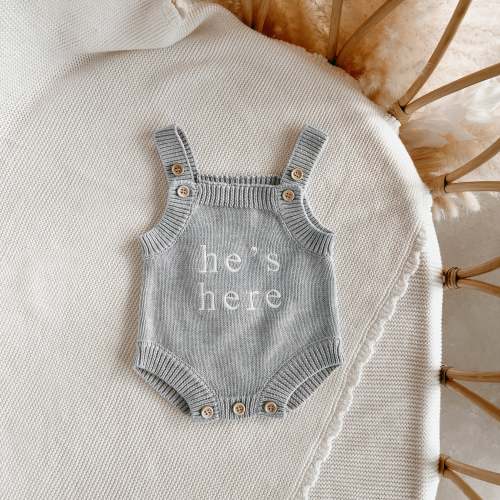 'He's Here' Singlet Mini Knit Romper - Powder Blue