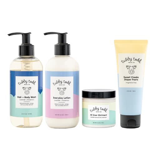 Tubby Todd Baby Bath & Skincare Kit - The Baby Bundle - Baby Shampoo and Body Wash, Everyday Lotion 8.5 Oz, All Over Ointment 3.5 Oz & Diaper Paste Cream 7.9 Oz Gift Set - Lavender Rosemary