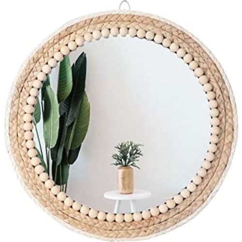 Boho Wall Mounted Mirror Round Mirror Decorative Hanging Mirror 15 Inch Circle Rattan Mirror Boho Bedroom Decor Farmhouse Mirror Living Room Bathroom Decor Boho Furniture for Girl