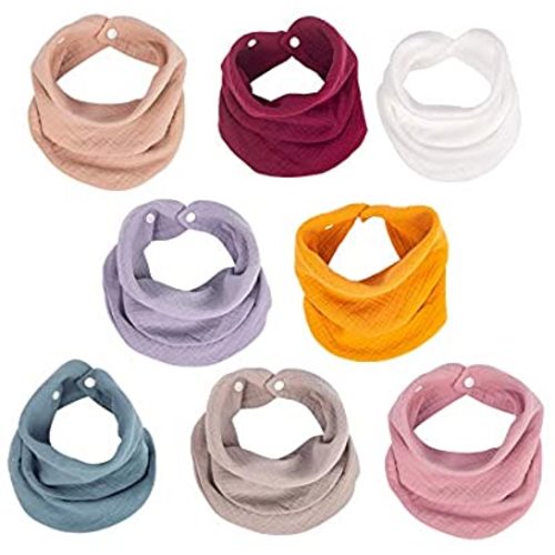 Muslin Baby Bandana Bibs, Multi-Use Scarf Bibs, Super Soft & Absorbent Drooling Bibs, Breathable Cotton Burp Cloths, Size Adjustable for Unisex Newborns/Babies/Infants/Toddlers, 8 Pack (Solid Color)