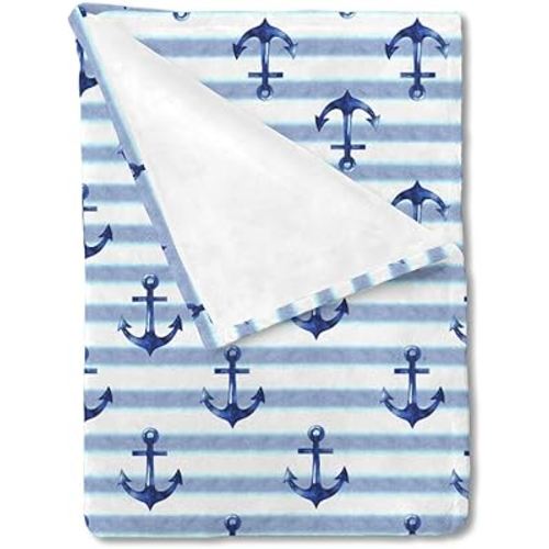 Navy Nautical Life Baby Blanket for Boy Girl Watercolor Anchors Stripes Flannel Swaddle Blanket Marine Ocean Soft Receiving Blankets Bed Blanket Newborn Nursery Toddler Daycare Crib Playmat 30x40