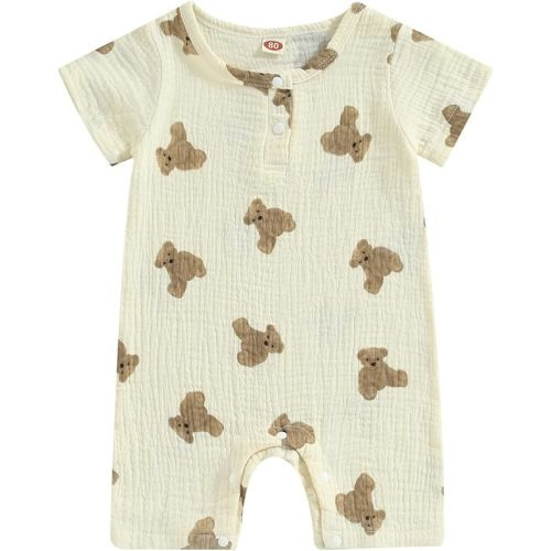 BULINGNA Newborn Infant Baby Boy Girl Summer Short Jumpsuit Short Sleeve Bear Print One Piece Romper Bodysuit Outfit