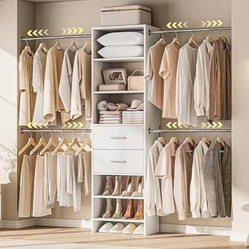 W2 Closet System with 2 Drawers, 3.5FT-7.7FT Closet Organizer System with 4 Chrome-Plated Telescopic Rods & 5 Adjustable Shelves, Custom Wood Walk-In Closet Clothing Rack, White