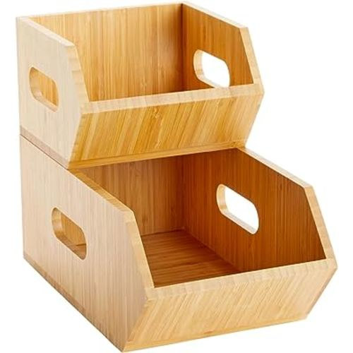 Farmlyn Creek 2 Pack Stackable Bamboo Wood Storage Bins, Organization Boxes for Kitchen Pantry (2 Sizes)