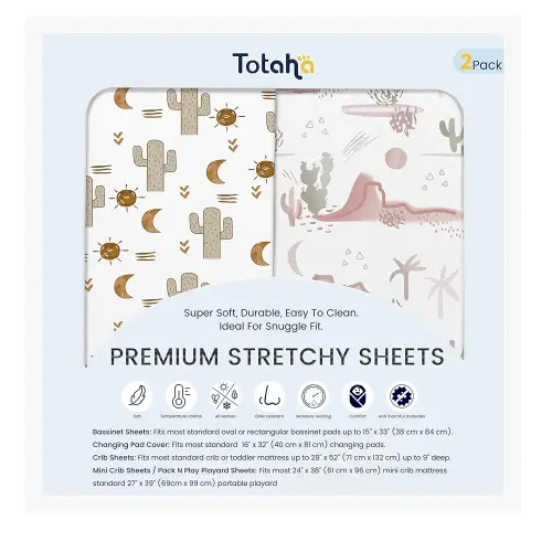TotAha Cactus Pack N Play Sheets, Premium Stretch Fitted Portable Mini Cribs Playards Sheets, Ultra Soft Breathable Jersey Knit Mini Crib Sheet, 2 Pack
