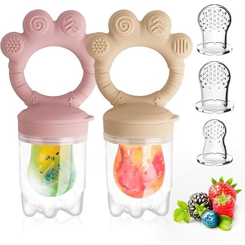 Baby Solids/Frozen Fruit Feeder Pacifier, Infant Teether Toy 4M+, BPA-Free Silicone Pouch & Nipple, Safely Introduce Solids, Teething Relief, 2-Pack (Claw - Pink Camel-hued)