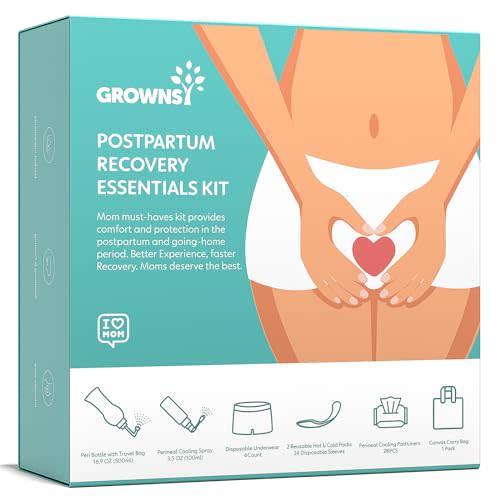 Grownsy Postpartum Essentials Recovery Kit for Labor & Delivery | Postpartum Kit for Women | Includes Upside Down Peri Bottle, Perineal Spray, Cooling Pad Liners, Ice Packs & Disposable Underwear
