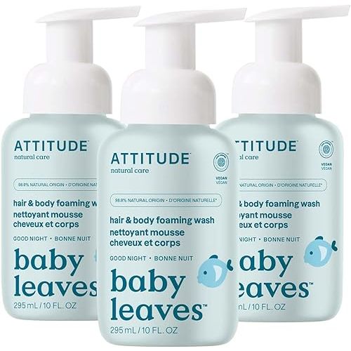 ATTITUDE 2-in-1 Hair and Body Foaming Baby Wash, EWG Verified Shampoo Soap, Dermatologically Tested, Made with Naturally Derived Ingredients, Vegan, Good Night, 10 Fl Oz (Pack of 3)