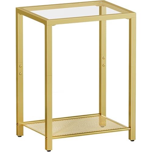 HOOBRO Side Table, 2-Tier End Table, Nightstand for Tight Spaces, Tempered Glass Bedside Table, Modern Metal Frame, for Office, Bedroom, Living Room, Study, Gold GD76BZ01