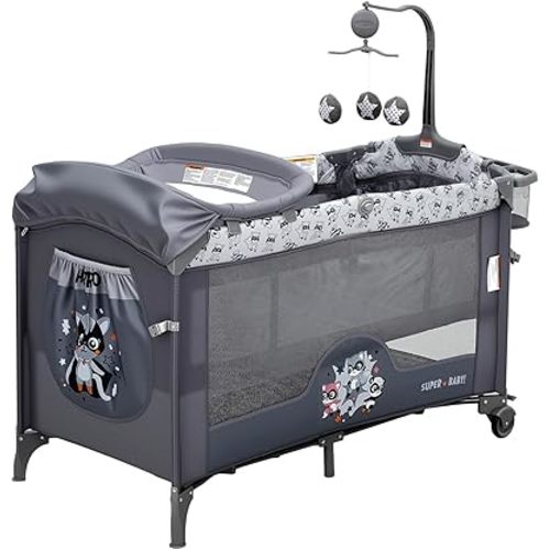 4 in 1 Baby Bassinet Bedside Sleeper Portable Pack and Play with Changing Table, Locking Wheels, Zip Door, Storage & Toy Bar for Toddlers (Dark Grey)