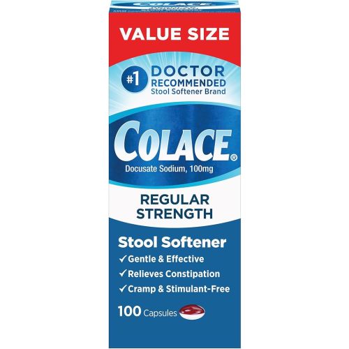 Colace Regular Strength Stool Softener 100 mg Capsules 100 Count Docusate Sodium Stimulant-Free for Gentle, Dependable Occasional Constipation Relief