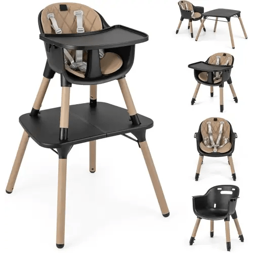 HONEY JOY 5-in-1 High Chair, Convertible Highchair for Babies and Toddlers/Kids Chair Table Set/Infant Feeding Chair w/Safety Harness, PU Leather Cushion & Removable Food Tray (Coffee)