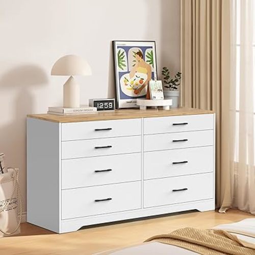 VINGLI 8 Drawer Dresser 56" Long Dresser White, Wood Dresser for Bedroom, Wood Dresser Chest of Drawers, Storage Dresser Cabinet, Modern Dresser, Large Dresser, Nursery Dresser, Brown Top