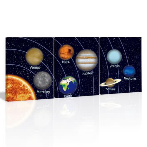 KAIRNE Boys Space Room Decor Framed Outer Space Wall Art Set Of 3 (12X16inch) Kids Picture Planets Pictures Solar System Educational Teaching Poster for Boys Room Nursery Children Playroom Decor