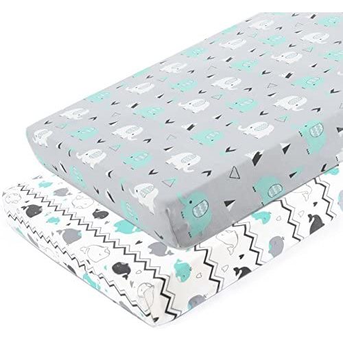 Pack n Play Stretchy Fitted Pack n Play Playard Sheet Set BROLEX 2 Pack Portable Mini Crib Sheets,Convertible Playard Mattress Cover,Ultra Soft Material，Elephant & Whale
