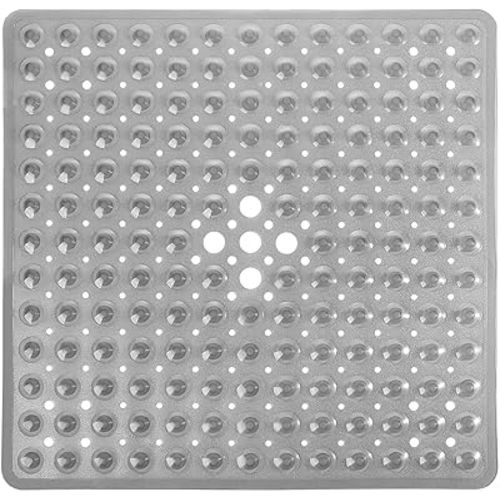 Yimobra Shower Mat 21X21 Inch Square, Non Slip Bathtub Mat with Large Suction Cups&Drain Holes, Soft Fast Dry Shower Stall Mats for Inside Shower, Machine Washable BPA-Free,Bath Essentials, Clear Gray