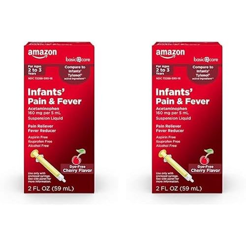 Amazon Basic Care Infants' Pain & Fever, Acetaminophen 160 mg per 5 mL, Suspension Liquid, Dye-Free Cherry Flavor, 2 fl oz (Pack of 2)