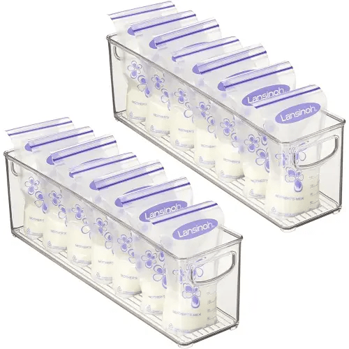 mDesign Plastic Long Stackable Storage Organizer Container, Organization Bin w/Handles for Kitchen, Pantry, Fridge, Freezer, Cabinet, Perfect to Hold Breast Milk - Ligne Collection - 2 Pack, Clear