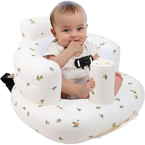 Inflatable Baby Seat with Harness for Babies 3 Months & Up, Baby Floor Chair for Sitting Up, Baby Seats for Infants, Blow Up Baby Chair with Built in Air Pump - Olive Flower