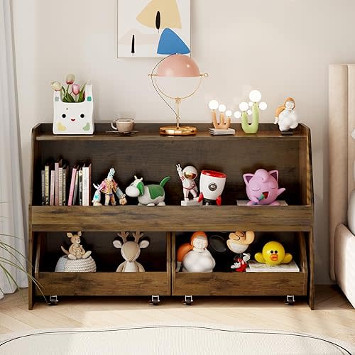 COZPAW Toy Storage Organizer, 2 Tier Montessori Shelf with Movable Bins, Toy Organizers Book Shelf for Kids Room, Playroom, Nursery (Brown)
