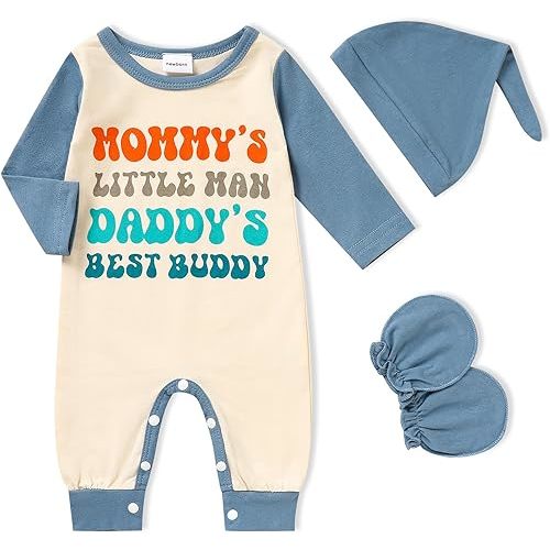 GRNSHTS Newborn Baby Boy Romper Coming Home Outfits Letter Print Bodysuit Jumpsuit+Hat+Gloves 3PCS Clothes Set