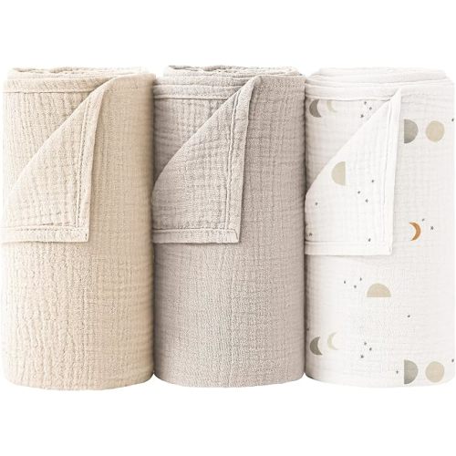 Bearmoss Muslin Swaddle Blankets, 40 x 38 inches Baby Swaddle for Boys and Girls, Soft Baby Blankets, 3 Pack Breathable Nursery Receiving Blankets (Grey Moon)