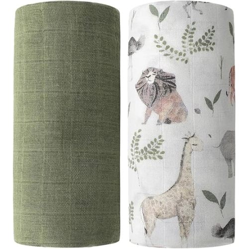 Little Jump Breathable Muslin Swaddle Blankets - 2 Pack Jungle & Green - Softest Baby Receiving Blankets for Boys and Girls (Jungle & Green)