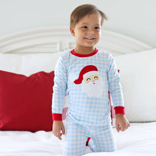 Happy Santa Blue Gingham Pajamas