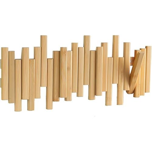 MinBoo Bamboo Multi Hook Coat Rack – Modern, Unique, Space-Saving Coat Hanger with 4 Flip-Down Hooks for Hanging Coats, Christmas Decorations,Bamboo