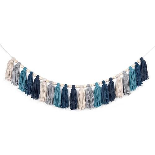 Navy Blue Yarn Tassel Garland with Wood Beads Boho Coastal Wall Hanging Tassels Bunting Banner for Nursery Classroom Kids Room Bedroom Baby Shower Birthday Party Dorm Office Wedding Decor