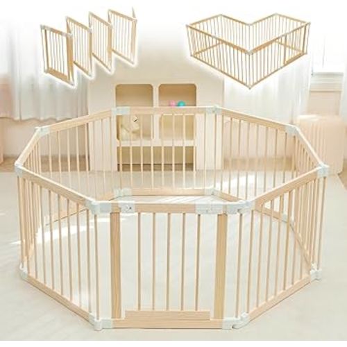 Baby Playpen, Playpen for Babies and Toddlers, Foldable Wooden Play Yard with Gate, Adjustable Baby Activity Center with Child Proof Lock, Fence Play Area for Toddlers 1-3(56 * 56 * 24inches)