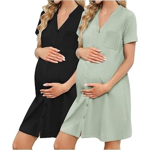 Ekouaer 2 Pack Maternity Nightgown Button Down Nursing Gown 3 in 1 Breastfeeding Sleepwear V Neck Short Sleeve Delivery Dress