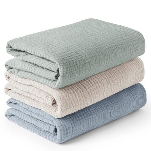 Konssy 3 Pack Muslin Swaddle Blankets for Unisex, Newborn Receiving Blanket, Large 47 x 47 inches, Soft Breathable Muslin Baby Swaddles for Boys & Girls - Blue