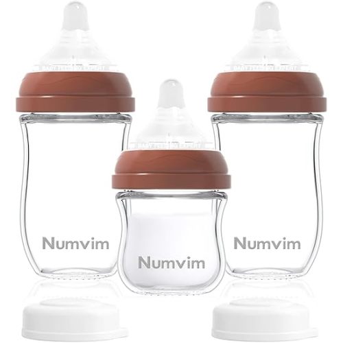 Glass Baby Bottles Gentle Slow Flow, Newborn Breastfeeding Bottle with Anti Colic Nipple for 0 Months Babies, 3 Packs (Brown, 3oz+5oz)