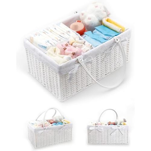 Large Baby Diaper Caddy Basket - Portable Wicker Paper Rope Storage Baskets Woven Car Organizer for Diapers With Divider White