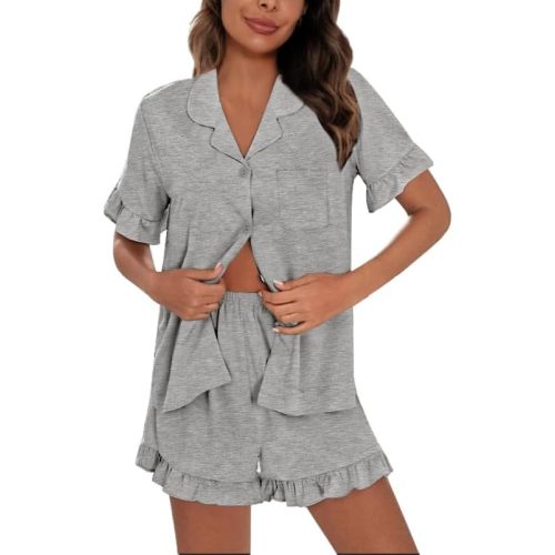 SWOMOG Woman Pajama Set Short Sleeve Pjs Set 2Pcs Short Pajamas Button Down Ruffle Hem Sleepwear Soft Modal Loungewear