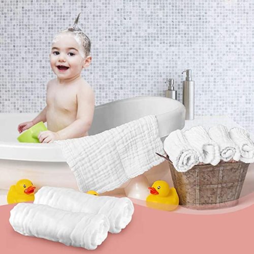 PPOGOO Baby Muslin Washcloths Natural Purified Cotton Baby Wipes Soft Newborn Baby Face Towel 10 Pack Multipurpose - White