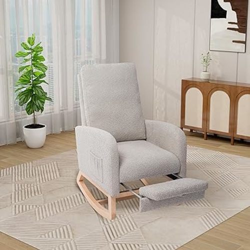 Rocking Chair Nursery with Foot Rest, Upholstered Glider Rocker Chair Wide Padded Seat Accent Chair with High Backrest Armchair Comfy Side Pocket Chair for Living Room Bedroom Offices (Beige)