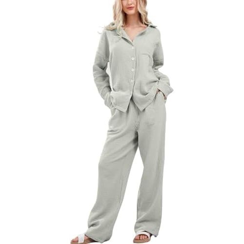 Womens Pajama Sets Cotton Pj Set Cute Heart Print Long Sleeve Button Down Shirt With Long Pants