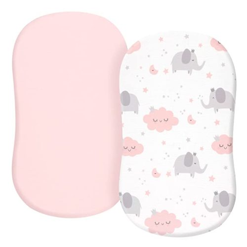 TILLYOU Jersey Knit Soft Bassinet Sheets Fitted for Baby Boy Girl, Stretch to Fit Cover Brands’ Basinette Bedside Co-Sleeper Lounger Cradle Oval Rectangle Hourglass Mattress, 2-Pack Cloud & Elephant